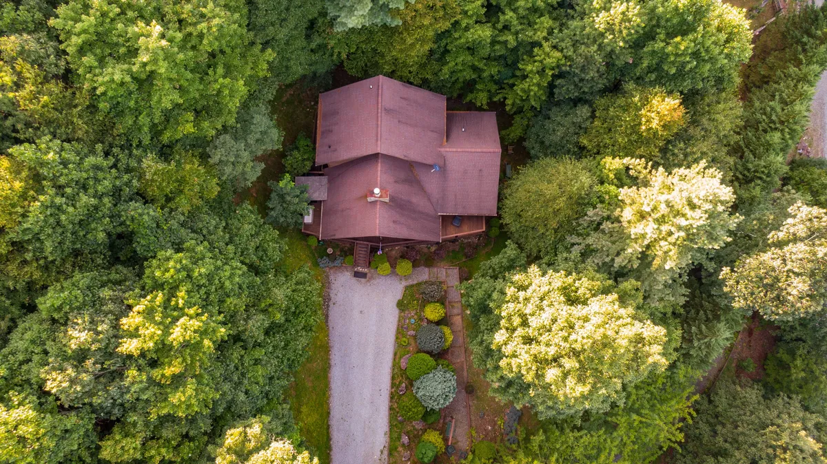 This exterior image features the cabin nestled among trees, with a clearly visible gravel pathway and driveway leading up to the home. The house is surrounded by natural landscape, highlighting convenient outdoor access.