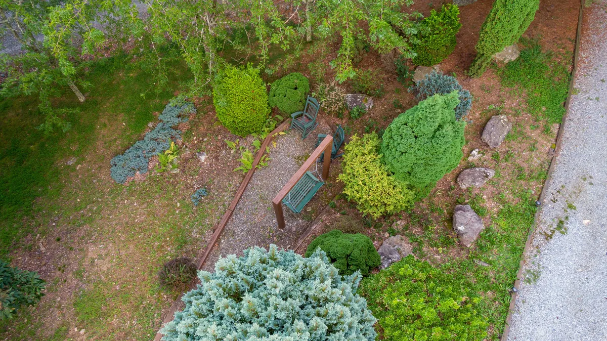 A tranquil outdoor area featuring lush greenery, a swing bench, and natural garden rocks, ideal for pets to explore or guests to unwind in nature.